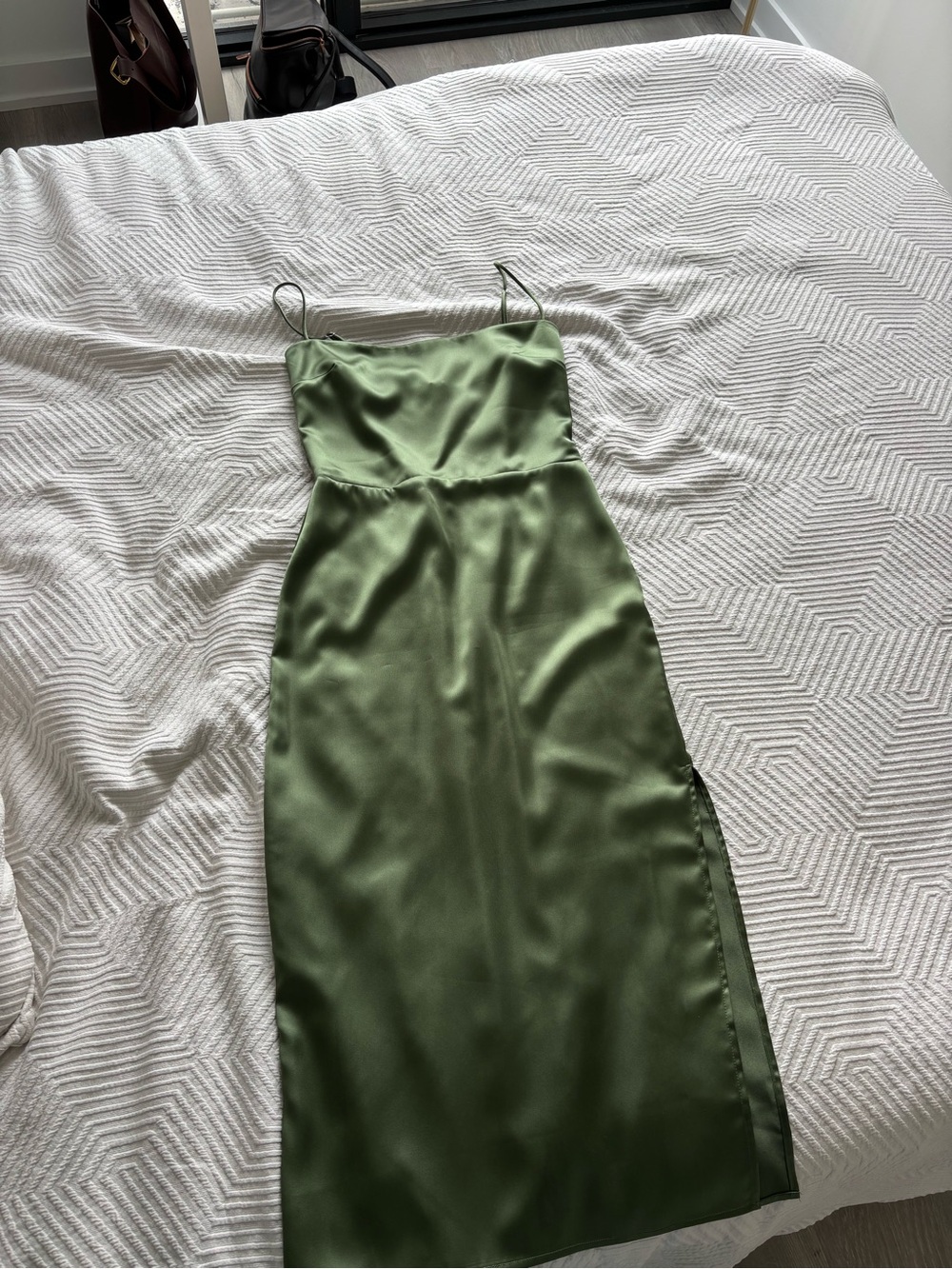 Olive Satin Slip Dress with Spaghetti Straps